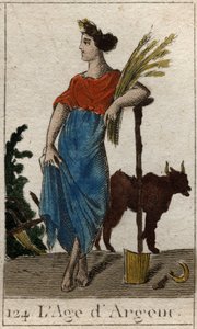 人類の時代の神話：銀の時代の表現、若い女性が小麦の花輪を持って、鋤と蛇口のそばに立っている。(銀河時代は若い女性として描かれ、麦の花輪を持ち、鋤と札束のそばに立っている）。)青春の神話」より 作： French School