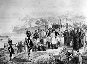 1814年エルバ島に到着したナポレオン（1769-1821） 作： French School