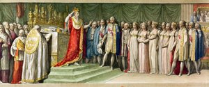 ナポレオンボナパルト（1769-1821）ミラノでロンバードの鉄の冠を戴冠、1805年（カラー彫刻） 作： French School