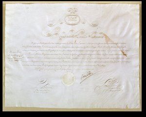 ナポレオンボナパルテス（1769-1821）、1803年4月30日、アメリカ合衆国によるルイジアナの購入の許可（ベラムにインク） 作： French School