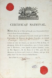 1789年8月8日、パリでフランス革命中の国家善行証明書