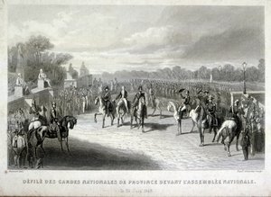 パリの国民議会を守る国民衛兵。フランス1848年革命時の刻印（エングレービング 作： French School