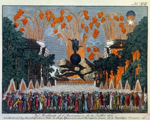 1801年7月14日、パリのシャンゼリゼ通りで行われた国民的祭典：パリのシャンゼリゼ通りで星の花火が打ち上げられる。1801年パリのカルナヴァレ美術館の版画 作： French School