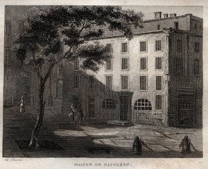 アジャクシオ（コルシカ島）のナポレオン・ボナパルトの生家 - Birthplace of Napoleon Bonaparte a Ajaccio en Corsica - M. de Norvins, Ch. Nodier 1834-1836による "Picturesque Italy" - History and Descriptive Painting of Italyからのエングレーヴィング。 作： French School
