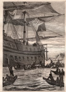 バナナの木の枝を手にする先住民たち。サミュエル・ウォリスのポリネシアへの航海（1728～1795年）-先住民がバナナの枝を手にして歓迎の挨拶-イラストは "The Great Mariners of the 18th century "より引用