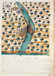 1688年、サイアムのイエズス会の記録による、タボイ川でフランスの船を攻撃する先住民 作： French School