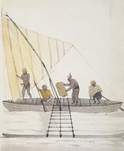 イル・バッセの原住民とバランスのとれた帆掛けカヌー（水彩画：Jules-Louis Lejeune、『Duperrey