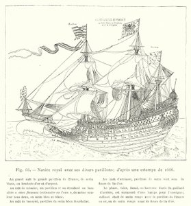 様々な旗を掲げた王室の船（1666年の版画より 作： French School