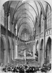 ネオゴシック建築：1857年11月30日に落成式が行われたパリのサント・クロティルド教会（1846-1857年）の内部の様子。1857年12月5日付の「Le Monde Illustré」34号に掲載されたベルトランによるエングレーヴィング。 作： French School