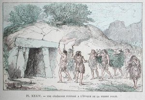 新石器時代の葬送儀礼、レンゲード博士の「Les Origines de la Vie」からの挿絵、1880年頃（彩色済み彫刻）。 作： French School