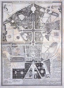 1714年のヴェルサイユの町、城、庭園の新しい計画、レプラン、プロフィールなど、ヴェルサイユ宮殿の標高、1715年に公開 作： French School