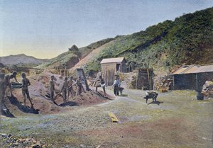 ニューカレドニアの東海岸にあるニッケル鉱山。1900年頃にジローによって彫刻されました。 作： French School