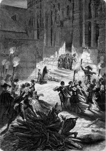 ルイ13世時代のフランスのノエル：領主が城の扉の前に立ち、司祭が住居に祝福をもたらすべきブーシュを奉納する。中庭では農民たちが肉屋を構えています。17世紀。ル・モンド・イル」のエングレーヴィング 作： French School
