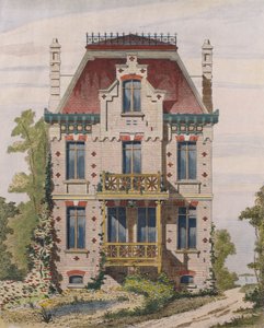 Villers sur mer、ノルマンディーのノルマン邸、1883年のルモニテュールデアーキテクツの図（カラー彫刻） 作： French School