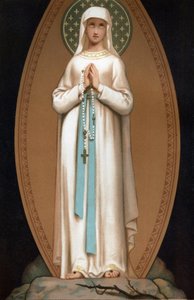 Notre Dame de Lourdes: 1858年にルルドの洞窟でベルナデット・スービロウスが見たであろう聖母マリアの姿を表現。クロモリトグラフィー。アンリ・ラセールによる「ルルドのノートルダム」の正面図 作： French School