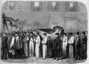 ジャン・バティスト（ジョヴァンニ・バッティスタ）・ニッコーリーニ（1782-1861）の遺体（1861年9月21日）：イタリア・フィレンツェの街中でイタリア人詩人の遺体を運ぶ葬儀の車列。10月5日付「Le Monde Illustré」234号に掲載された図版 作： French School