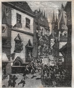 1636年5月20日、シャンフルーリ通りで8人の偽造者が2人の警視総監と12人の巡査部長に逮捕された。 作： French School