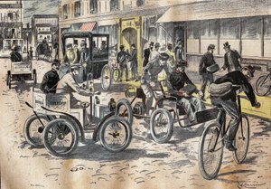 1899年10月5日、パリ12区の中央郵便局で、郵便局次官のレオン・ムージョ（1857-1928）が、郵便物を運ぶための自転車や各種自動車の初テストを行った。ル・プ」に掲載されたエングレーヴィング 作： French School