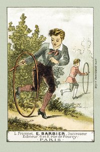 コンジの日、レオンとルシアンはフープで遊ぶ - 19世紀後半、「Alphabet des petits savants」より（クロモリトグラフ