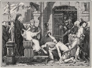 未来（1227年）のために、若きルイ9世は囚人たちに配達をさせた-1889年のルイ・デュマによる「フランスの有名人たち」の版画 作： French School