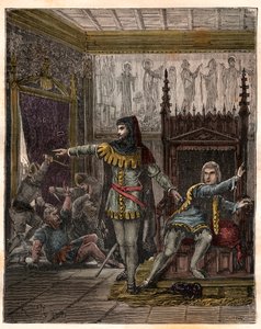 100年戦争。"ドルフィンシャルル（当時のシャルル5世）（1338-1380）（フランスの初代ドルフィン）とエティエンヌ・マルセル（1302/1310-1358）が、フランスのドルフィンの部屋で2人の大臣（マレショー）ロベール・ド・クレルモンとジャン・ド・コンフランを殺害したのは、以下の通りです。 作： French School