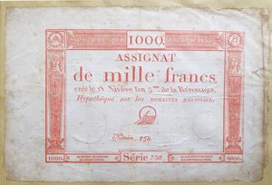 1千フラン紙幣、1795年（紙にインク） 作： French School