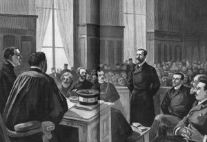 1889年の愛国者連盟の議事録の冒頭。ジレ会長、ナケ、ライサン、ラゲール、デルーレ、リシャール、ターケ、ガリアン。 作： French School