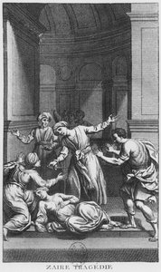 Orosmane killing Zaire, Voltaire (1694-1778) の「Zaire」の第5幕の挿絵 (エングレーヴィング) (モノクロ写真) 作： French School
