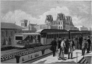 アメリカ・ニューヨークの高架鉄道駅と電気鉄道の概観。La Nature」に掲載された版画。Revue des sciences et de ses applications aux arts et a l