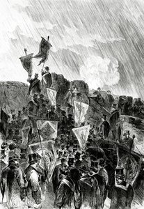 1870年5月5日、ルモンドイルストレにパリの砲撃の中止を要求する1870年4月28日のフリーメーソンによる要塞に関する平和主義者のデモ 作： French School