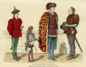 15世紀のロードとヴァレットのページ衣装。1440-1450年のベルン大聖堂のタペストリーを模した彩色エングレーヴィング、オーギュスタン・チャラメル著「France et les francais a travers les centuries」（F.Roy編）、1882年パリ。セルバ・コレクション。 作： French School