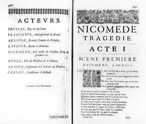 ピエール・コルネイユ（1606-84）によるニコメデの最初の行為のページ 作： French School