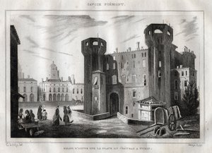 トリノのシャトー広場にあるアオスタの宮殿 - M. de Norvins, Ch. Nodier 1834-1836による「Italy Picturesque」-イタリアの歴史的・記述的絵画-からのエングレーヴィング。 作： French School