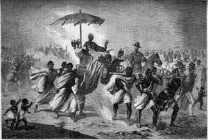 ラダマ2世の妻、マダガスカル女王ラブーデ（ラソヘリナ）（1818-1868）のパランキンウォーク。1月31日付「Le Monde Illustré」303号に掲載された図版 作： French School