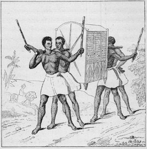 18世紀、ブルボン島（レユニオン島）への駕籠の旅。Engraving In "La Marine et les colonies: commerce" 作： French School