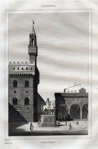 フィレンツェのヴェッキオ宮殿 - シニョリーア広場 - M. de Norvins, Ch. Nodier 1834-1836による "Picturesque Italy" - History and Descriptive Painting of Italyからのエングレーヴィング。