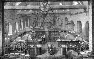 製紙業：紙パルプの精製と精白のための作業場。1867年 作： French School