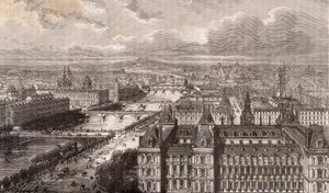 パリ、セーヌ川、レ・ポン - サン・ジェルヴェ塔からの眺め - V.-A. Malt-Brown著「La France illustree: Geography, history, statistical administration」に掲載されている彫刻 - 1884年 作： French School