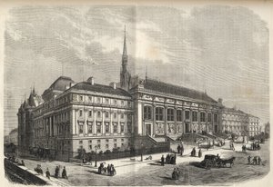 パリ-ジョセフ-ルイ・デュック(1802-1879)が建設した裁判所の新しいファサード-(ハルレイ通りの西ファサード)1869年の彫刻版 作： French School