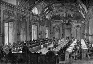 パリ、1871年8月4日：リュクサンブール宮殿の玉座の間で行われた市議会の第一回会合。1871年8月12日付「Le Monde Illustré」748号に掲載された図版。
