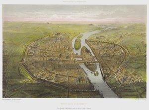 フランソワ1世時代のパリ、古い図面をもとにしたカラスの飛ぶような全景（カラーリトグラフ 作： French School