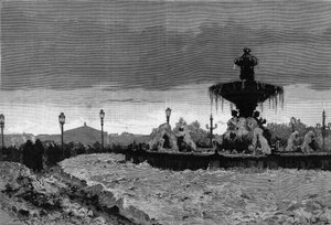 雪の下のパリ、1879年から1880年の冬：コンコルド広場の噴水の一つが霜に覆われている様子。1月3日付「The Illustrous World」1188号に掲載されたスコットによる版画。 作： French School