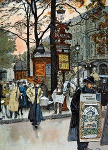 メトロのパレ・ロワイヤル駅付近のパリの街並み、1900年頃（カラーリトグラフ） 作： French School