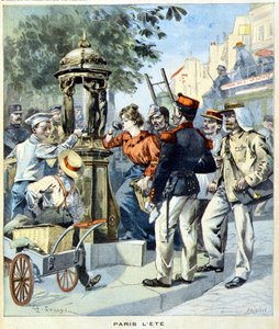 ウォレスの泉を囲んで水を飲むパリジャンたち-1900年8月19日付「Le Petit Journal」紙（彫刻）にて 作： French School