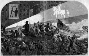 1858年にアメリカ（米国）とイギリスの間に大西洋横断電信ケーブルが敷設されたことを祝して、ニューヨーク（New York）の街中で行われたパーティー。1858年10月16日付「Le Monde Illustré」n°79に掲載されたエングレーヴィング。 作： French School