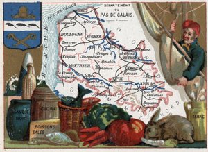 パ・ド・カレー（62）、ノール・パ・ド・カレー（Nord-Pas-De-Calais）、フランス。地元の特産品：黒い石鹸、汚い魚、サイダー、タバコ。フランスの各県のシリーズ。クロモリ（Chromo）「地理的な糸」、1920年頃。個人蔵。