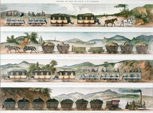 1829年にリヨンとサンエティエンヌの間に開通した最初のフレンチラインの乗客と貨物（カラーリソ）
