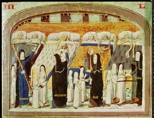 Le Livre de Vie Active de lHotel Dieu（Jean Henry、c.1482）によるパリのHotel Dieu病院の患者と尼僧 作： French School