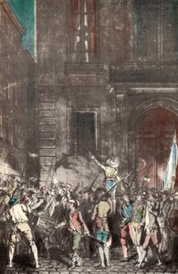 フランス革命中にパリの人々によって行われたパトロール (カラー彫刻) 作： French School