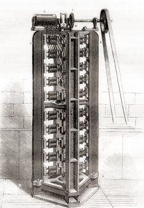 ポール・ギュスターヴ・フロマンの縦型電気モーター（1844年頃）、1870年頃に出版された「Les Merveilles de la Science」より（彫刻作品 作： French School